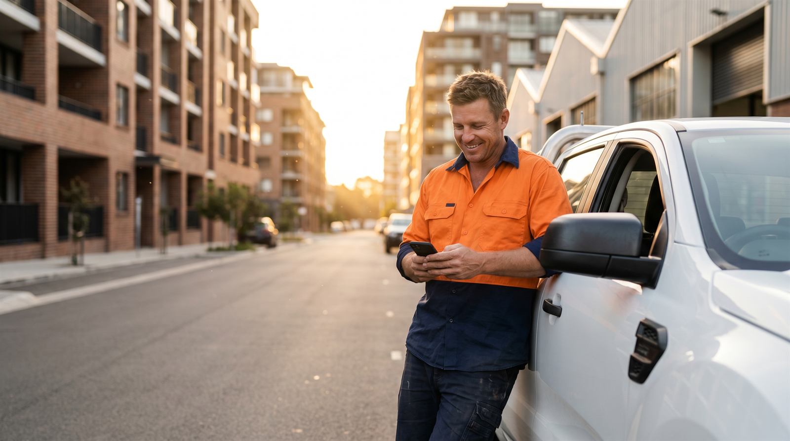 Australian tradesman in hi-vis checking new job enquiries on his phone while leaning on his work ute on a city street